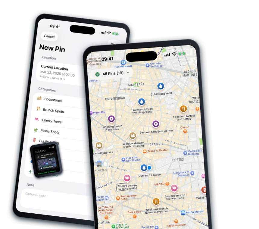 Framed screenshots of Piningo on iPhone and Apple Watch